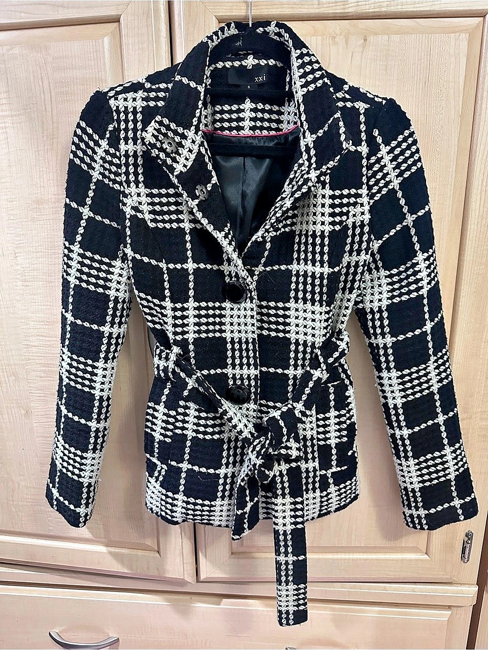 Tweed Black & White Checkered Belted Jacket